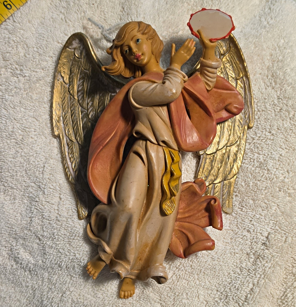 Vintage Fontanini Style Italy Musical Wall Angel Tambourine Resin 8 in.